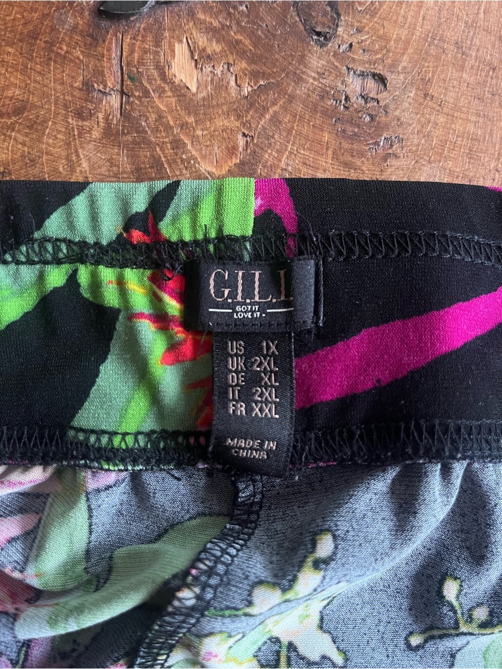 G.I.L.I. Black Wide Leg Side Slit Pants with Pink & Green Floral Print - Picture 3 of 4